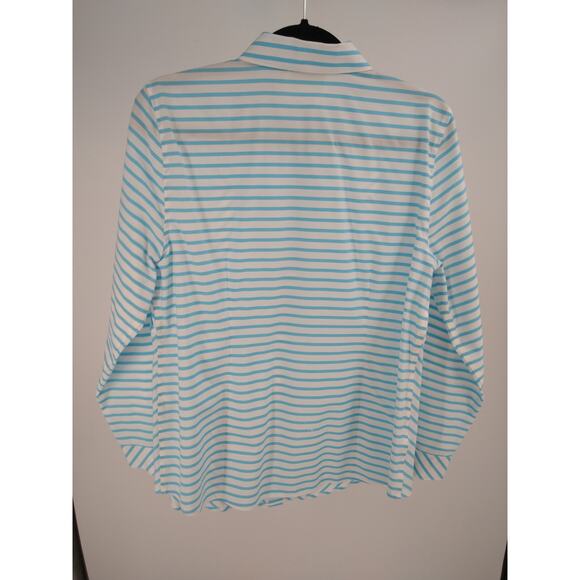 Chico's Shirt 1 M No Iron Box Striped Long Sleeve Button‎ Down Cotton Blue White - Picture 12 of 15